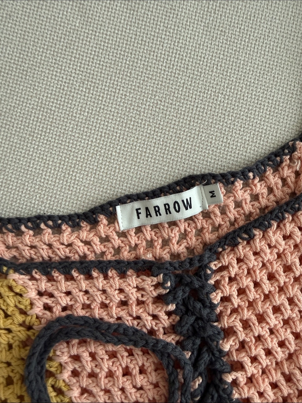 Tie-Front Crochet Colorblock Crop Top in Yellow, Pink & Black - Picture 4 of 6